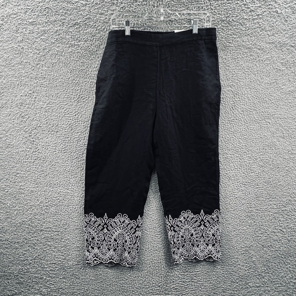 Chicos Womens 100% Linen Cropped Pants 8 Black Pull on Straight Leg Embroidered